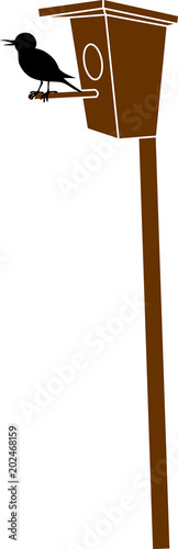 Stylized common starling at birdhouse