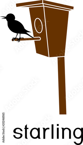 Stylized common starling at birdhouse with title