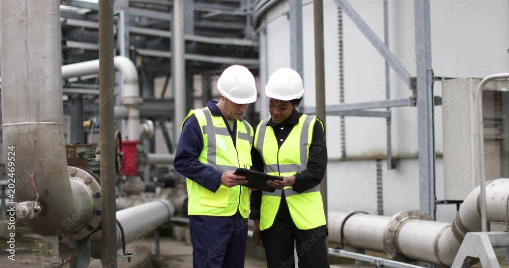 Female industrial worker being trained using a digital tablet on site