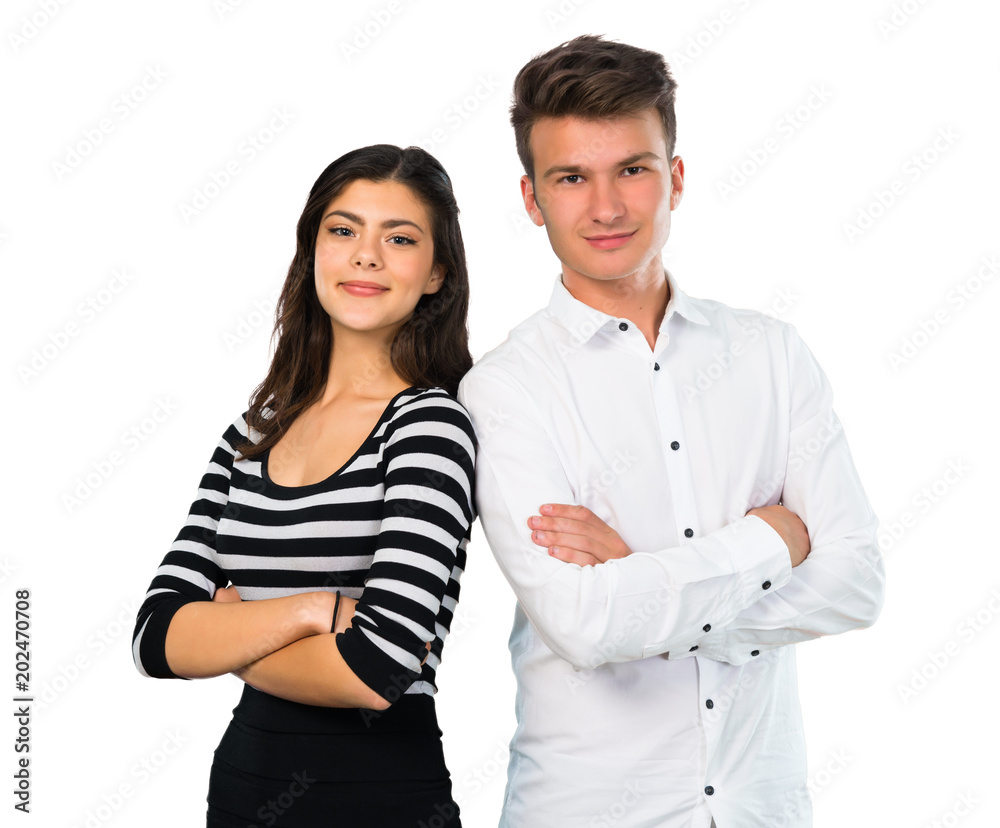 Young couple keeping arms crossed on isolated white background Young couple keeping arms crossed on isolated white background