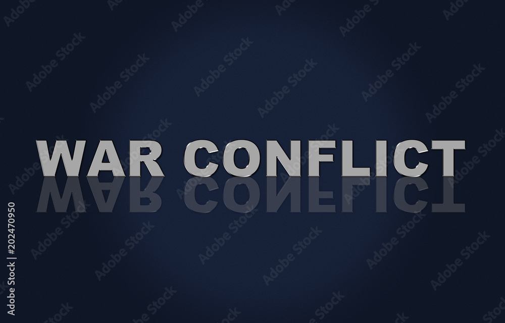 Text War conflict, metallic font effect. Reflection of text.