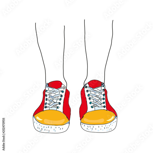 Sneakers and legs funny sketchy illustration for girl, vector graphic