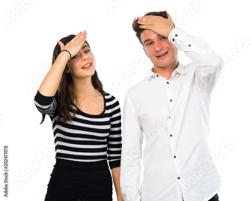 Young couple intending to realizes the solution on isolated white background