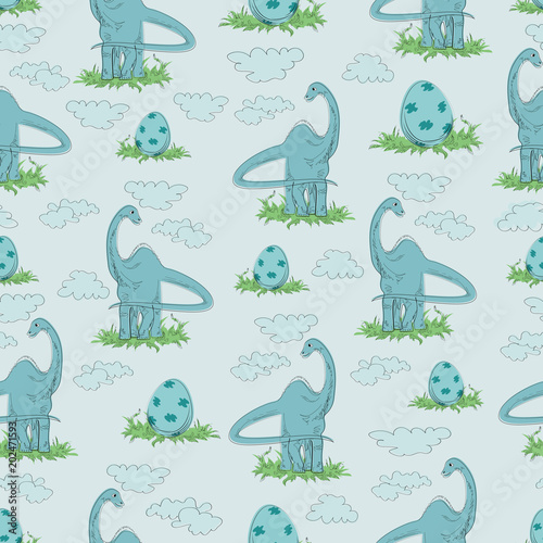 DIPLODOCUS. Herbivorous dinosaur and egg in a grass. Seamless pattern. Hand-drawn dinosaur. Animal vector illustration. Design for children's textiles, background image for packaging materials. 