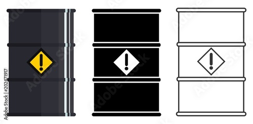 Industry concept. Set of barrels for radioactive, toxic, hazardous, dangerous, explosive, flammable and poisonous substances and liquids isolated in flat style: colored, black silhouette and contour