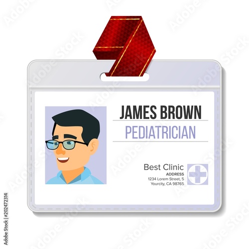 Pediatrician Medical Identification Badge Vector. Man. Name Tag Template. Medicine. Health. Medical Specialist. Isolated Flat Cartoon Character Illustration