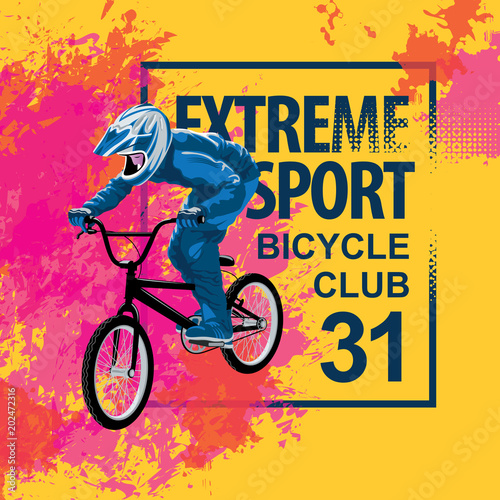Vector banner or flyer with words Extreme sport and a cyclist on the bike. Abstract poster for bicycle club and promoting extreme mountain biking