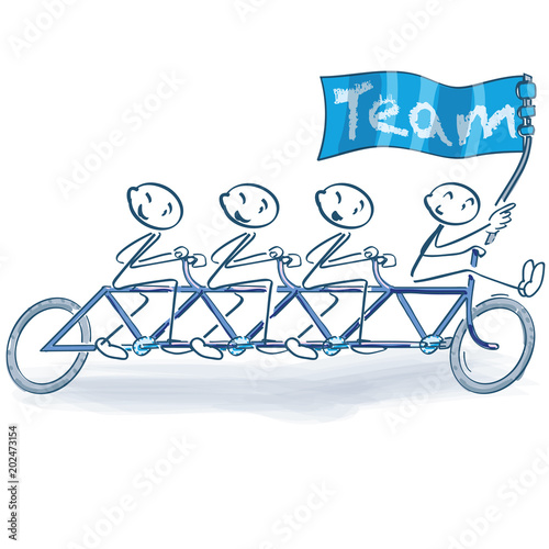 Strichmännchen als Fahrradtruppe mit der Fahne Team 