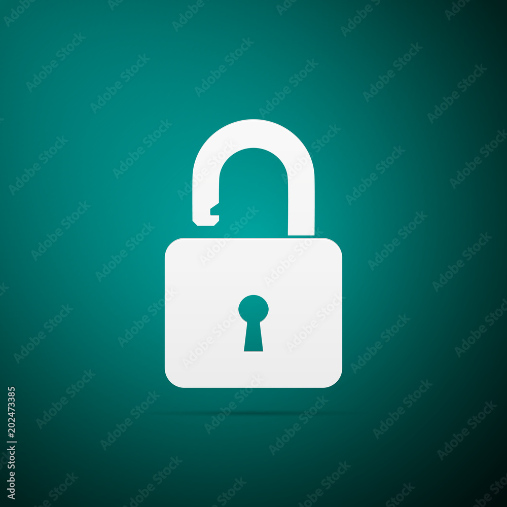 Open padlock icon isolated on green background. Lock symbol. Flat design. Vector Illustration Open padlock icon isolated on green background. Lock symbol. Flat design. Vector Illustration