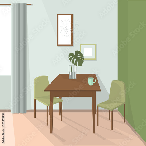Dining room interior. Dinner table with chairs. Vector illustration.