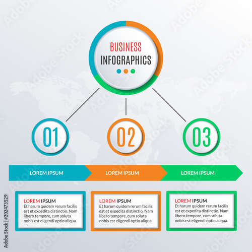 Step by step infographics with arrows for business presentation. Vector infographic template with 3 options, levels, parts, or processes. Workflow layout, flow chart, diagram for web design.