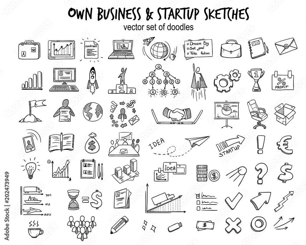 Sketch Business Startup Elements Collection - obrazy, fototapety, plakaty 
