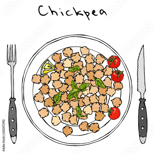 Cooked Chickpeas on a Plate with Lemon, Cherry Tomato, Marjoram, Knife, Fork. Detailed Vegetarian Food Farm Product. Jewish Middle East Cuisine. Realistic Hand Drawn Illustration Savoyar Doodle Style.