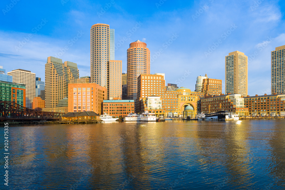 Financial District Skyline and Harbour at Dawn, Boston, Massachusetts, USA
