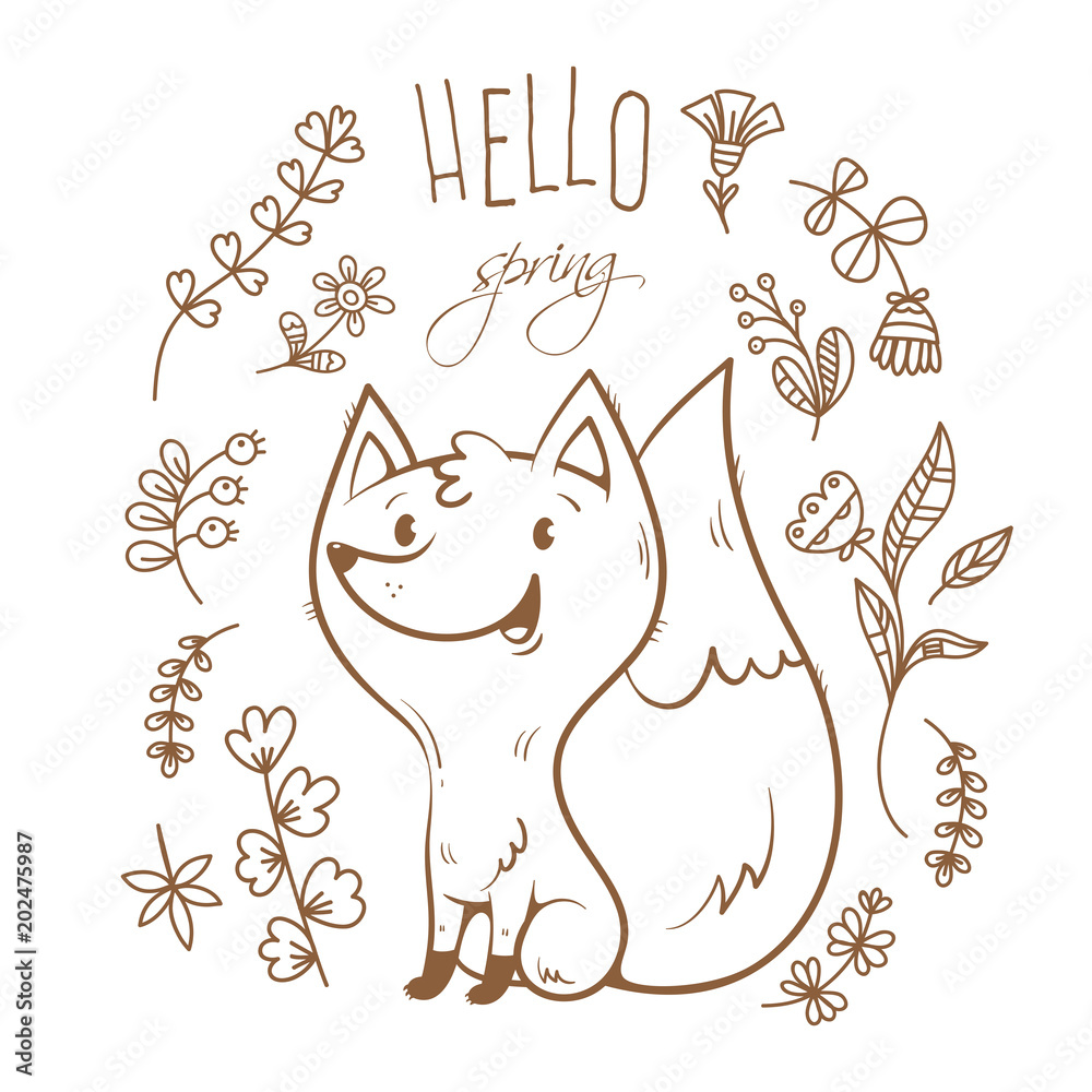 Vector spring card with cute cartoon fox. Flowers and plants of spring time. Vector contour  image no fill.