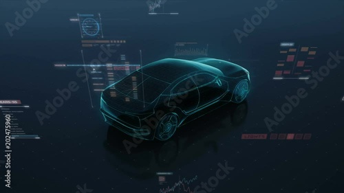 Automobile Technology. Running Future car with user interface digital line. 360 X-ray view. 4k movie.