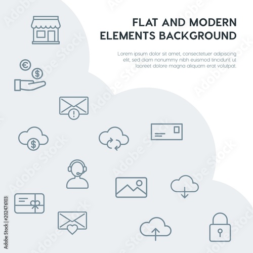 cloud and networking, email, shopping outline vector icons and elements background concept on grey background.Multipurpose use on websites, presentations, brochures and more