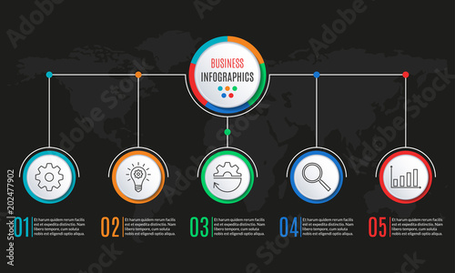 5 steps infographics for business presentation. Circle infographic template with 5 options, levels, parts, or processes. Diagram, workflow layout, flow chart, web design elements. Vector illustration.