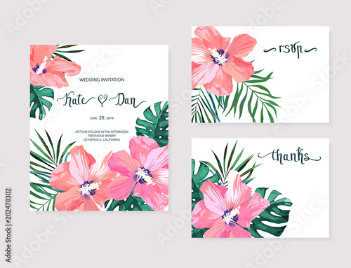Floral set with hibiscus. Wedding Invitation, save the date, rsvp, invite car...