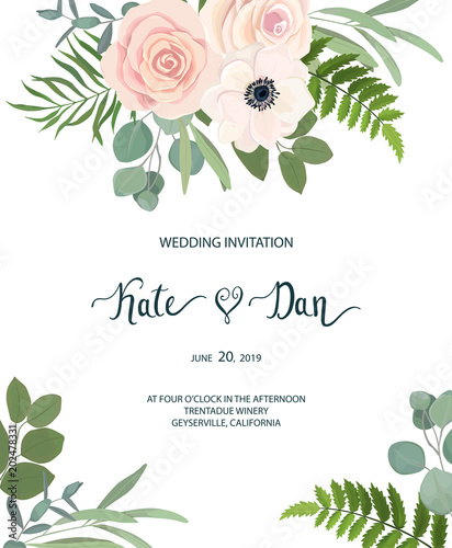 Floral frame with anemone, rose and eucalyptus. For wedding, Valentine's day,...
