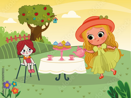 Little girl having a tea party with her doll. (Vector illustration)