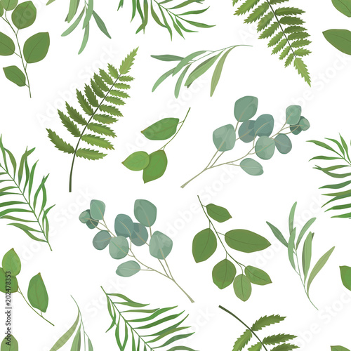 Greenery seamless pattern with eucalyptus branch, fern, green leaves, herb for wedding card, fabric, textile, wrapping. Vector illustration. Rustic style
