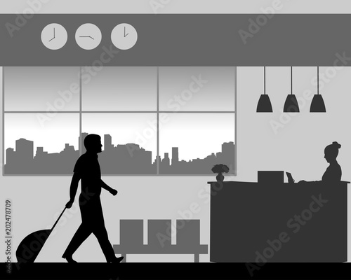A business man is coming to the hotel reception desk, one in the series of similar images silhouette