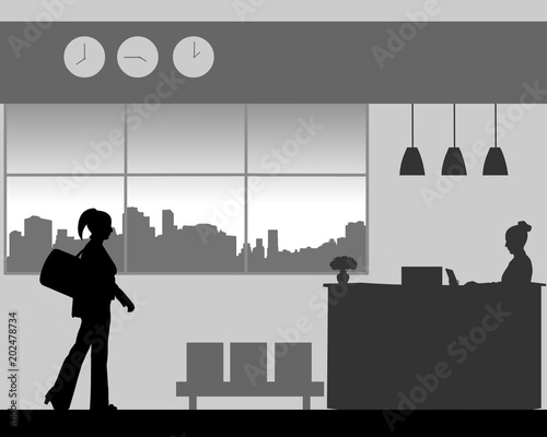 A business woman is coming to the hotel reception desk, one in the series of similar images silhouette