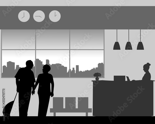 Lovely elderly couple walk in the lobby of the hotel, one in the series of similar images silhouette