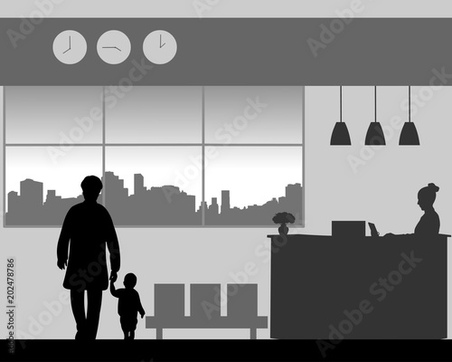 Grandmother with a grandchild walk in the lobby of the hotel, one in the series of similar images silhouette