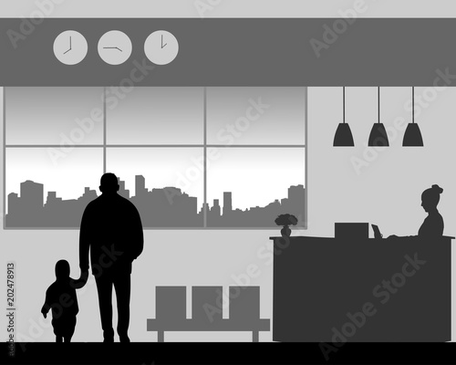 Grandfather with a grandchild walk in the lobby of the hotel, one in the series of similar images silhouette