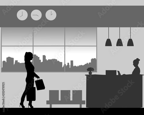 The girl returns to the hotel from shopping with shopping bags, one in the series of similar images silhouette