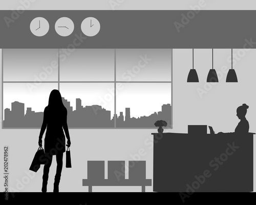 The girl returns to the hotel from shopping with shopping bags, one in the series of similar images silhouette