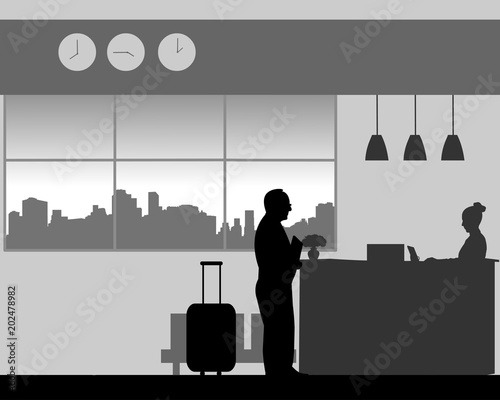 A elderly man check in or check out at the hotel reception, one in the series of similar images silhouette
