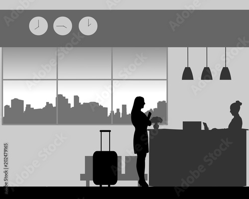 A young woman check in or check out at the hotel reception, one in the series of similar images silhouette