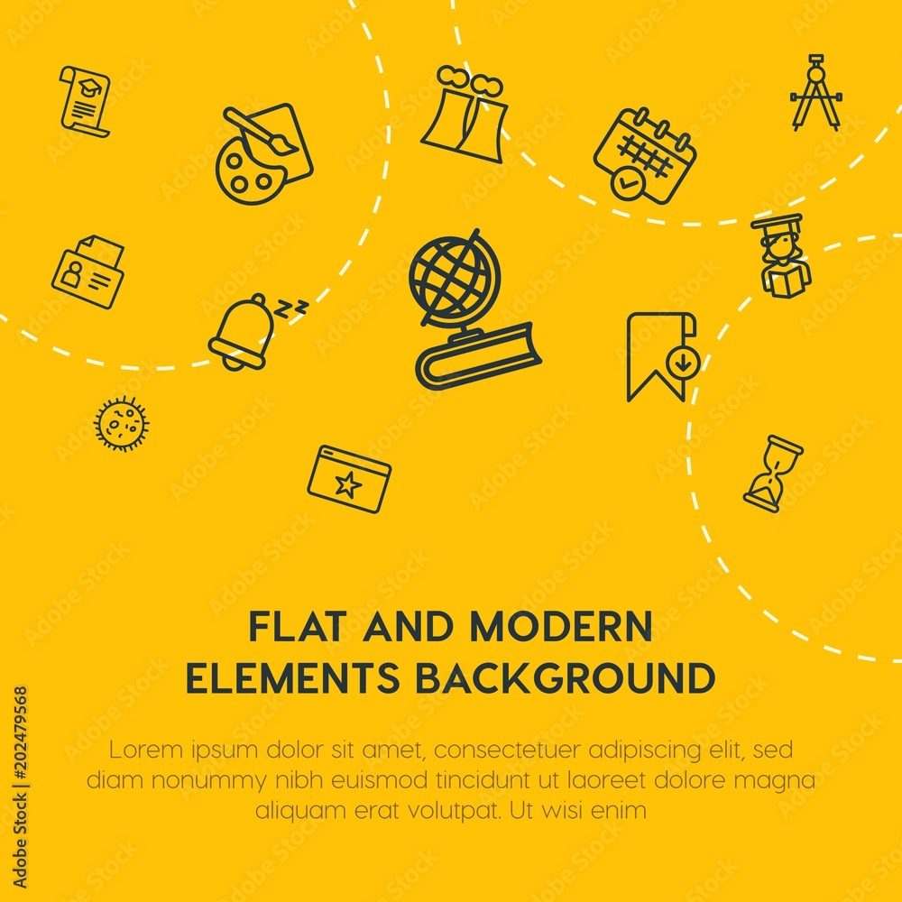 Plakat science, time, bookmarks, education outline vector icons and elements background concept on yellow background.Multipurpose use on websites, presentations, brochures and more