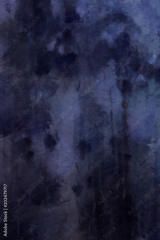 Detailed close-up deep blue grunge abstract background. Dry brush strokes hand drawn oil painting on canvas texture. Creative pattern for graphic work, web design or wallpaper. 
