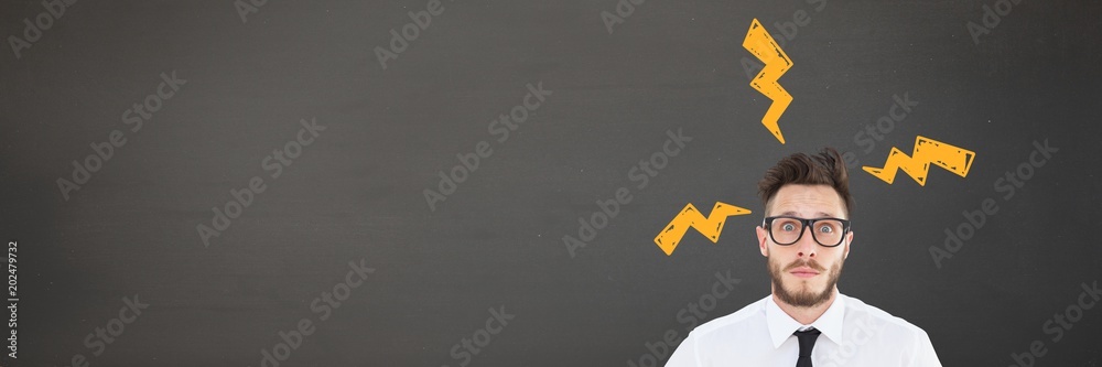 Fotografie Shocked man with lightning strike doodle on grey background