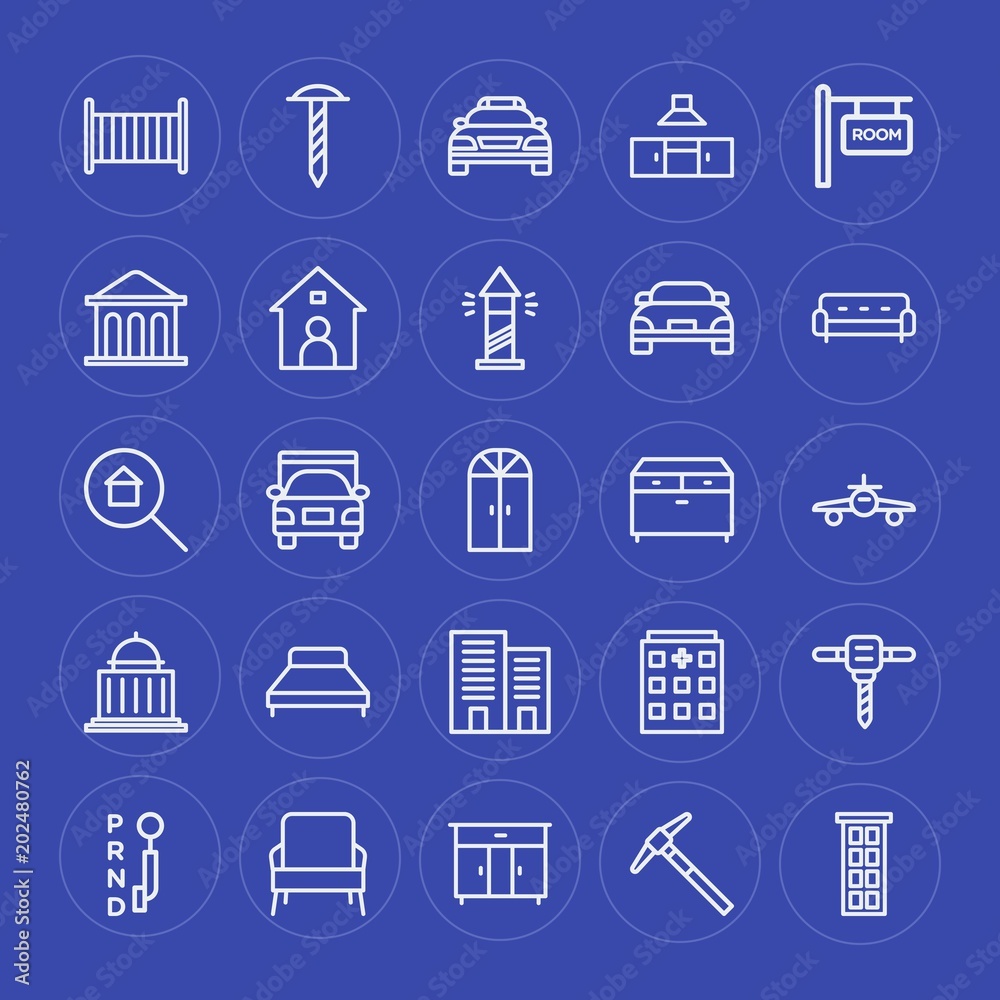 Modern Simple Set of transports, industry, buildings, furniture Vector outline Icons. Contains such Icons as kitchen, work,  child,  city and more on blue background. Fully Editable. Pixel Perfect.