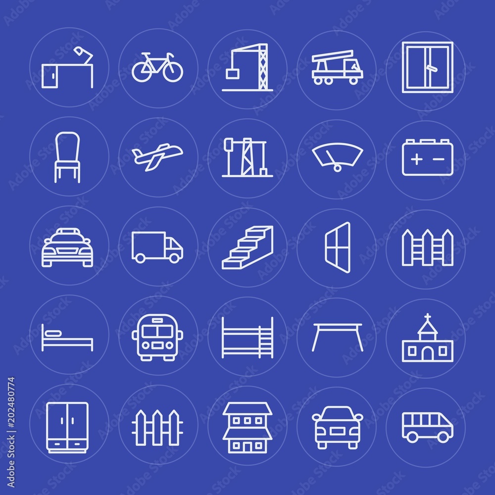 Modern Simple Set of transports, industry, buildings, furniture Vector outline Icons. Contains such Icons as  vehicle,  ride,  equipment and more on blue background. Fully Editable. Pixel Perfect.