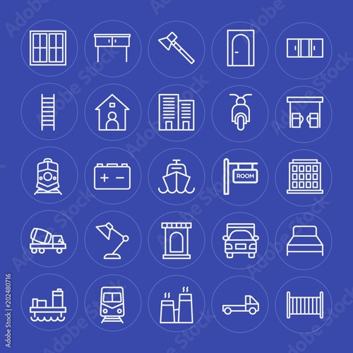 Modern Simple Set of transports, industry, buildings, furniture Vector outline Icons. Contains such Icons as window, power, child, table and more on blue background. Fully Editable. Pixel Perfect.