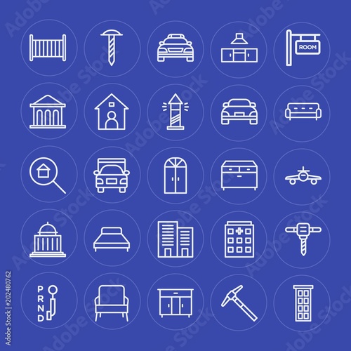 Modern Simple Set of transports, industry, buildings, furniture Vector outline Icons. Contains such Icons as kitchen, work, child, city and more on blue background. Fully Editable. Pixel Perfect.