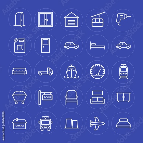 Modern Simple Set of transports, industry, buildings, furniture Vector outline Icons. Contains such Icons as work, bed, sale, open, sofa and more on blue background. Fully Editable. Pixel Perfect.