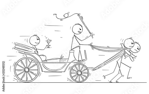 Cartoon stick man drawing conceptual illustration of businessman,nobleman, ruler or superior sitting in carriage or coach drawn or pulled by two subordinates. Business concept of dominance, seniority