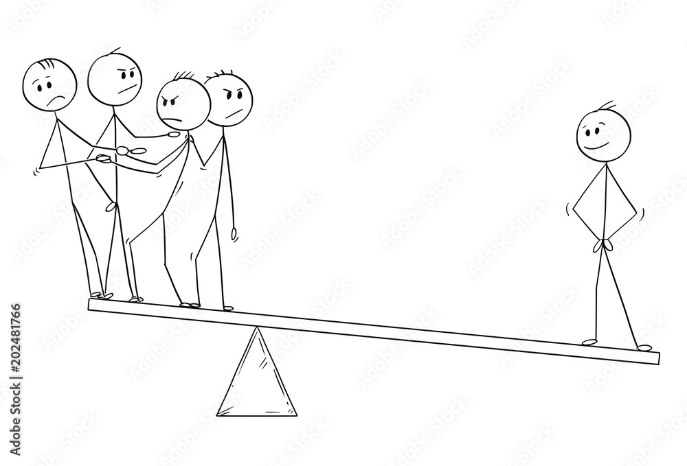 Φωτογραφία Cartoon stick man drawing conceptual illustration of businessman and team balancing on the seesaw