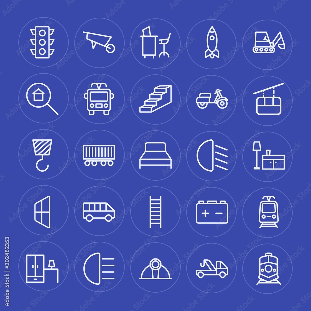 Modern Simple Set of transports, industry, buildings, furniture Vector outline Icons. Contains such Icons as  wardrobe,  railway,  furniture and more on blue background. Fully Editable. Pixel Perfect.