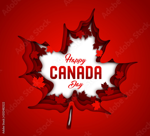 Paper art with multilayer canadian maple leaves and lettering Happy Canada day, national holiday. Greeting card, poster for public celebration, festival. Red 3d origami, paper cut and craft style