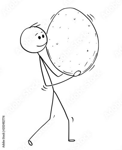 Cartoon stick man drawing conceptual illustration of man carrying big egg. Concept of healthy lifestyle and farming. photo