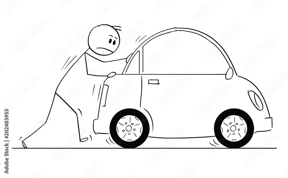 Εκτύπωση καμβά Cartoon stick man drawing conceptual illustration of businessman pushing broken car