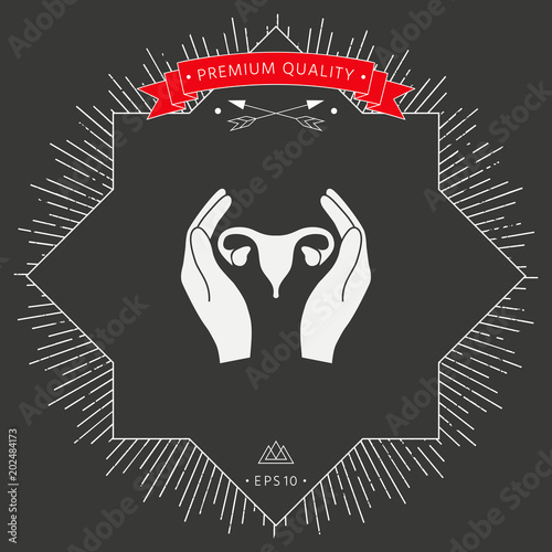 Hands holding Female uterus - protection icon
